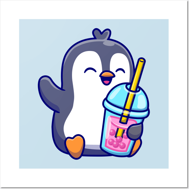 Cute Penguin Drinking Milk Tea Boba Wall Art by Catalyst Labs